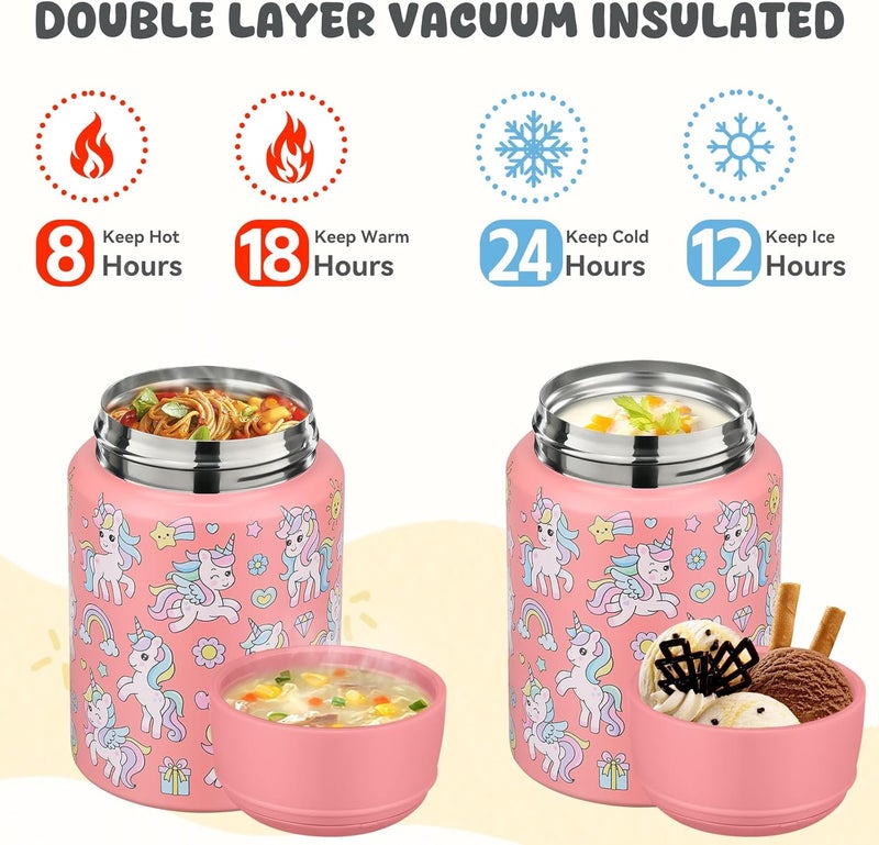 Aimsnk 17oz Soup Thermo for Hot Food Kids Insulated Food Jar,Thermo Hot Food Lunch Container, Width Mouth Stainless Steel Lunch Box for Kids with Handle Folding Spoon (Pink-Unicorn) - Image 5